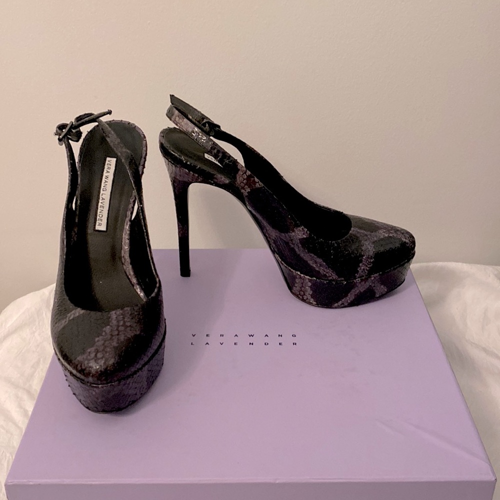 Vera Wang Lavender snake skin sling back platform heels size 8.5 with box
